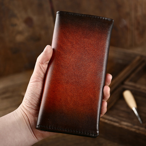 Casual Retro Leather Mens Wine Red Slim Long Wallet Light Beige Bifold Card Wallet Clutch Wallet For Men - iwalletsmen