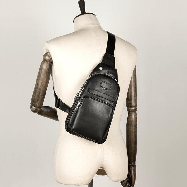 Black Leather Mens Cool Sling Pack Sling Bags Black Crossbody Packs Chest Bag for men - iwalletsmen