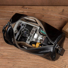Fashion Black Leather Mens Barrel Messenger Bag Bucket Courier Bag Postman Bags for Men - iwalletsmen