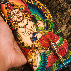 Handmade Leather Tooled Yellow Jambhala Mens Chain Biker Wallet Cool Leather Wallet Zipper Long Phone Wallets for Men