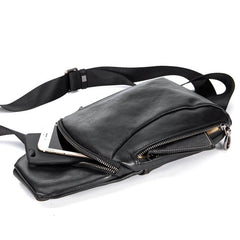 Cool Mens Black Leather Sling Bag Chest Bag Soft Black One Shoulder Backpack Sling Backpack for men - iwalletsmen