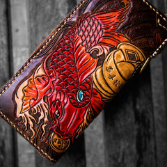 Handmade Leather Tooled Carp Mens Chain Biker Wallet Cool Leather Wallet Long Phone Wallets for Men