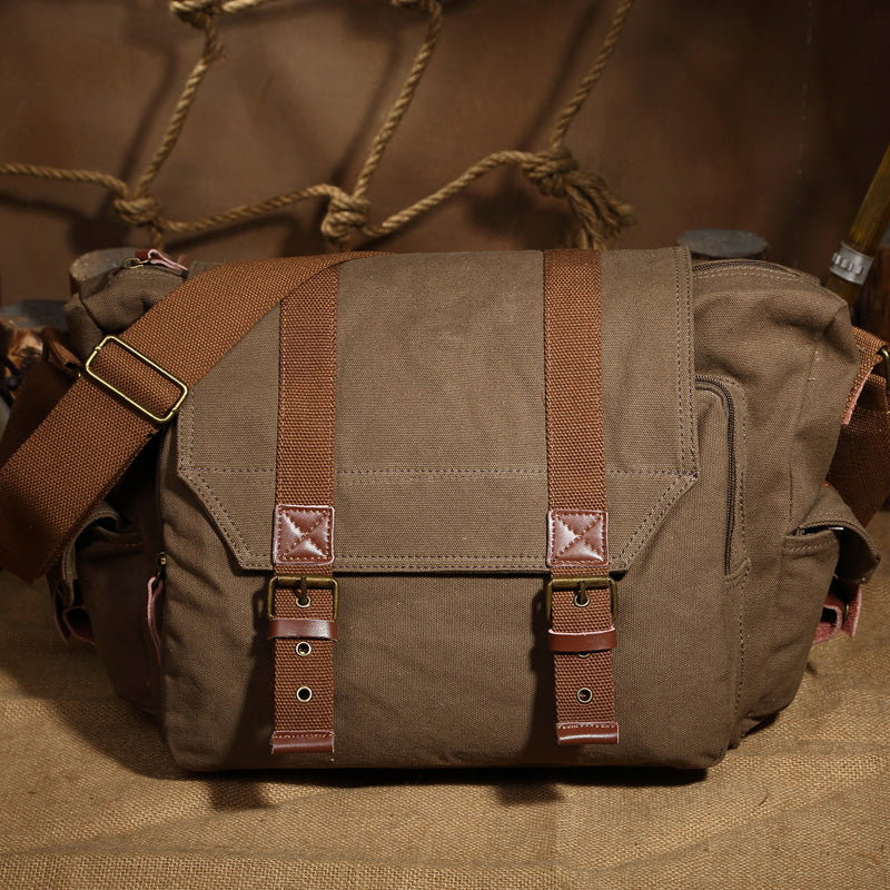 Green Waterproof CANVAS Mens 14'' Side Bag Khaki Messenger Bag FOR MEN - iwalletsmen