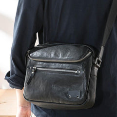 Casual Black Leather Mens 10 inches Postman Bag Black Courier Bag Messenger Bags Side Bag for Men - iwalletsmen