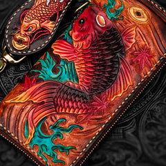 Handmade Leather Tooled Carp Mens Chain Biker Wallet Cool Leather Wallet Long Phone Wallets for Men