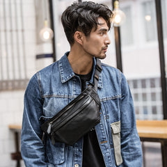 Black Leather Mens Waist Bag Fanny Pack Sling Bag Chest Bag Black One Shoulder Backpack for Men - iwalletsmen