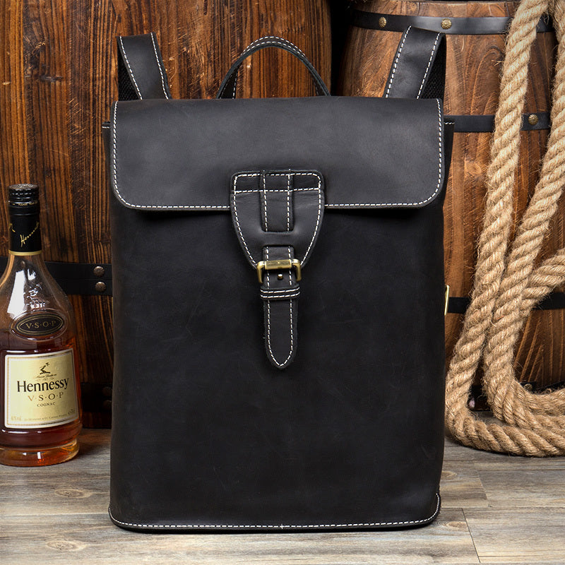 Black Fashion Mens Leather 14-inch Computer Backpack Brown Side Bag Messenger Bag for men - iwalletsmen