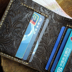 Handmade Leather Floral Mens Cool Slim Leather Wallet Men billfold Wallets Bifold for Men