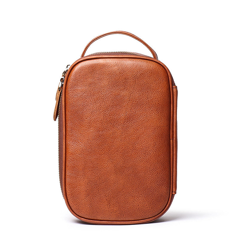 Vintage Brown Leather Men's Clutch Bag Double Zipped Small Wristlet Handbag Storage Bag For Men - iwalletsmen