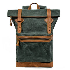 Waxed Canvas Leather Mens 15'' Hiking Green Backpack Black Computer Backpack Travel Backpack for Men - iwalletsmen