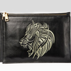 Handmade Leather Mens Clutch Cool Slim Lion Wallet Zipper Clutch Wristlet Wallet for Men
