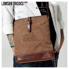 Fashion Vertical Canvas Leather Mens Courier Bag Crossbody Bag Messenger Bags Khaki Canvas Postman Bag for Men - iwalletsmen