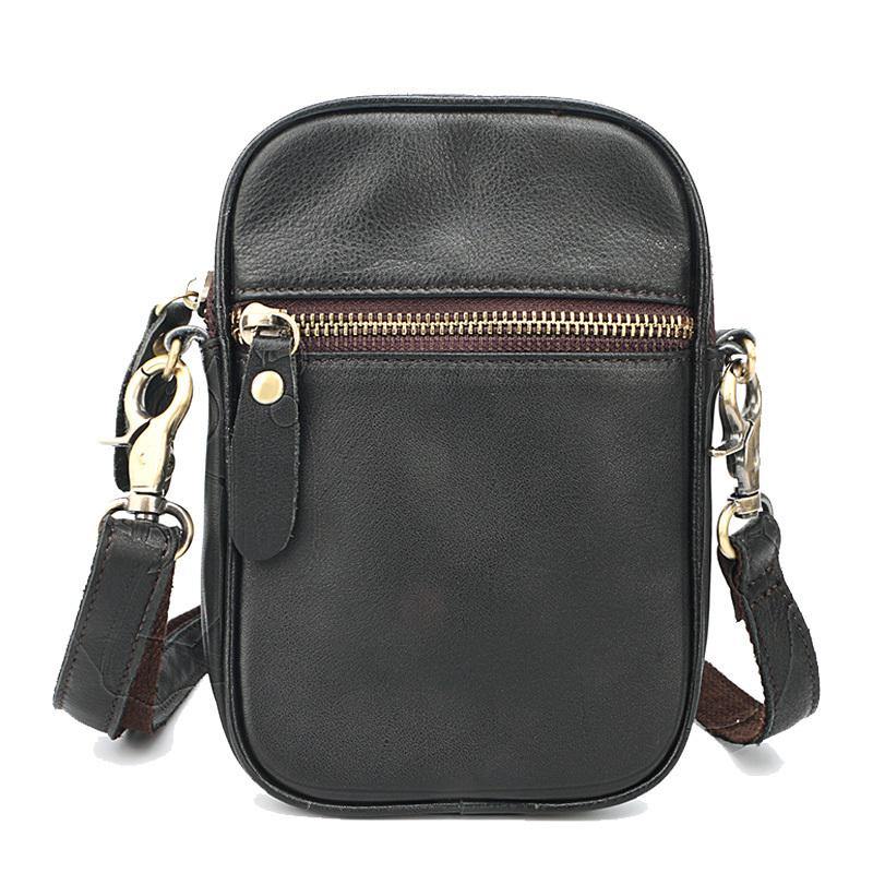Black Leather Mens Mini Casual Side Bag Messenger Bags Brown Postman Bag For Men - iwalletsmen
