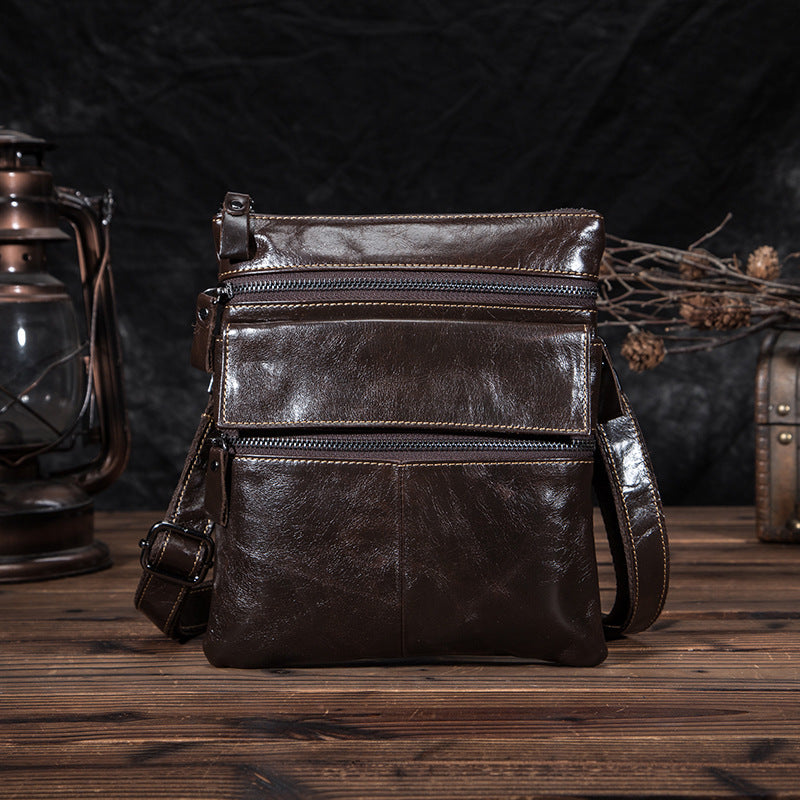 Black Cool Leather 8 inches Small Zipper Messenger Bag Vertical Shoulder Bag Brown Side Bag For Men - iwalletsmen