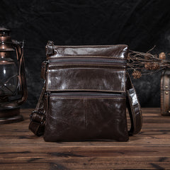 Black Cool Leather 8 inches Small Zipper Messenger Bag Vertical Shoulder Bag Brown Side Bag For Men - iwalletsmen