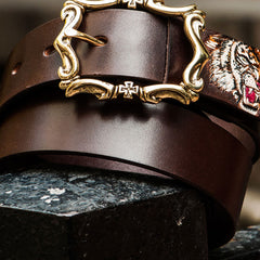 Handmade Genuine Leather Mens Tooled Tiger Belt Custom Cool Leather Men Black Belt for Men