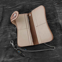 Handmade Beige Tooled Leather Men's Bifold Long Wallet Cool Biker Chain Wallet For Men - iwalletsmen