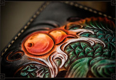 Handmade Leather Tooled Carp Mens Chain Biker Wallet Cool Leather Wallet Long Phone Wallets for Men