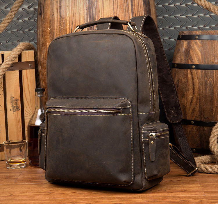 Fashion Brown Mens Leather 15-inch Computer Laptop Backpack Brown Travel Backpack School Backpacks for men - iwalletsmen