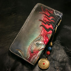 Handmade Leather Tooled Mahākāla Mens Chain Biker Wallet Cool Leather Wallet Long Clutch Wallets for Men