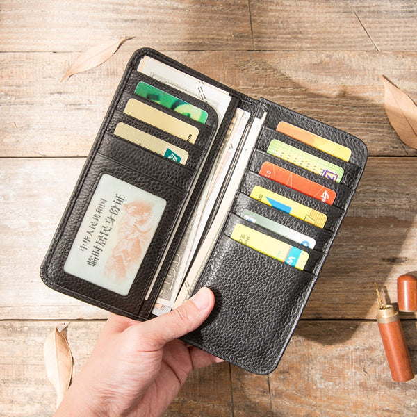 Fashion Black Leather Mens Bifold Long Wallet Thin Card Wallet Black Long Wallet for Men - iwalletsmen