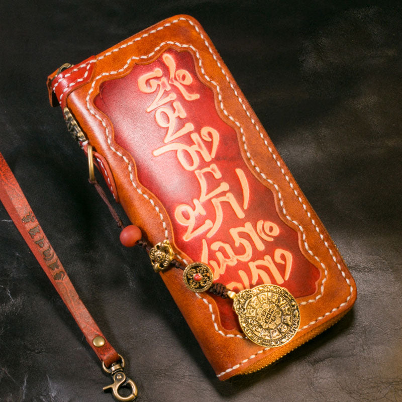 Handmade Leather Tooled Mens Chain Biker Wallet Cool Leather Wallet Long Phone Wallets for Men