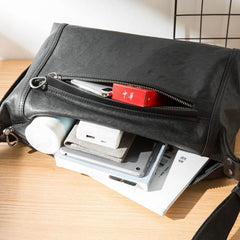 Casual Black Leather Mens 11 inches Side Bag Postman Bag Black Messenger Bags for Men - iwalletsmen
