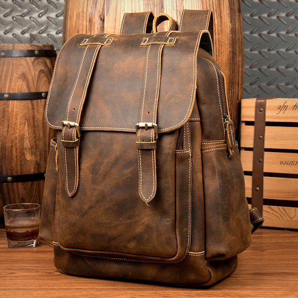 Dark Brown Fashion Mens Leather 15-inch Brown Computer Backpacks Brown Travel Backpacks School Backpacks for men - iwalletsmen