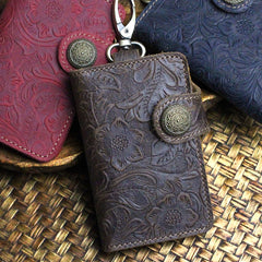 Handmade Leather Floral Mens Cool Key Wallet Wallet Card Holder Small Card Keychain Wallets for Men