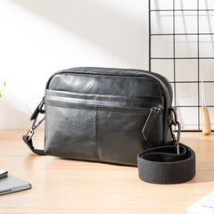 Fashion Black Small Leather Mens Side Bag Black Mini Courier Bag Messenger Bags POstman Bag for Men - iwalletsmen