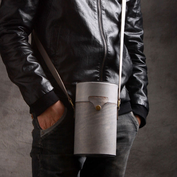 Handmade Gray Leather Mens Barrel Bag Shoulder Bag Messenger Bag for Men - iwalletsmen