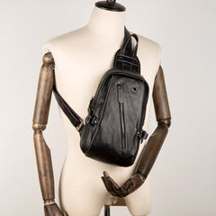 Black Leather Mens Cool Sling Bags Crossbody Pack Black Sling Pack Chest Bags for men - iwalletsmen