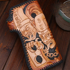 Handmade Mens Cool Tooled Zhong Kui demon Leather Chain Wallet Biker Trucker Wallet with Chain