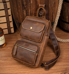 Cool Brown Leather Mens Sling Pack Sling Bags Coffee Crossbody Pack Chest Bag for men - iwalletsmen