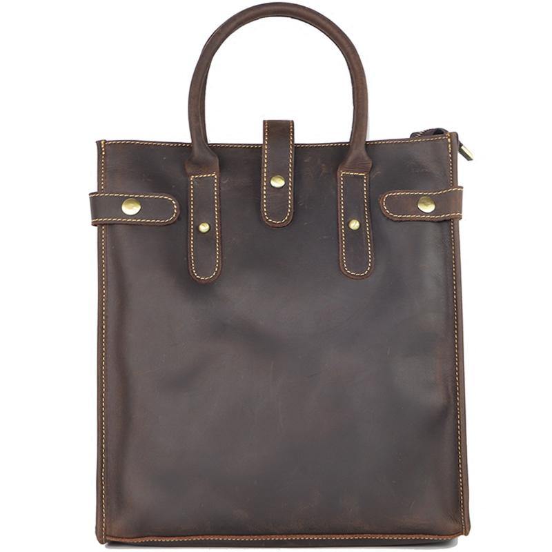 Vintage Dark Tan Mens Leather Vertical Briefcase Work Handbag Tote Brown 13'' Computer Briefcases For Men - iwalletsmen