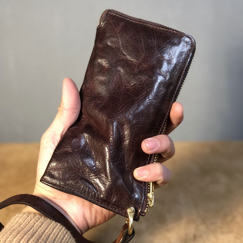 Handmade Genuine Leather Mens Cool Biker Chain Wallet Long Leather Wallet Slim Clutch Wristlet Wallet for Men