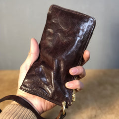 Handmade Genuine Leather Mens Cool Biker Chain Wallet Long Leather Wallet Slim Clutch Wristlet Wallet for Men
