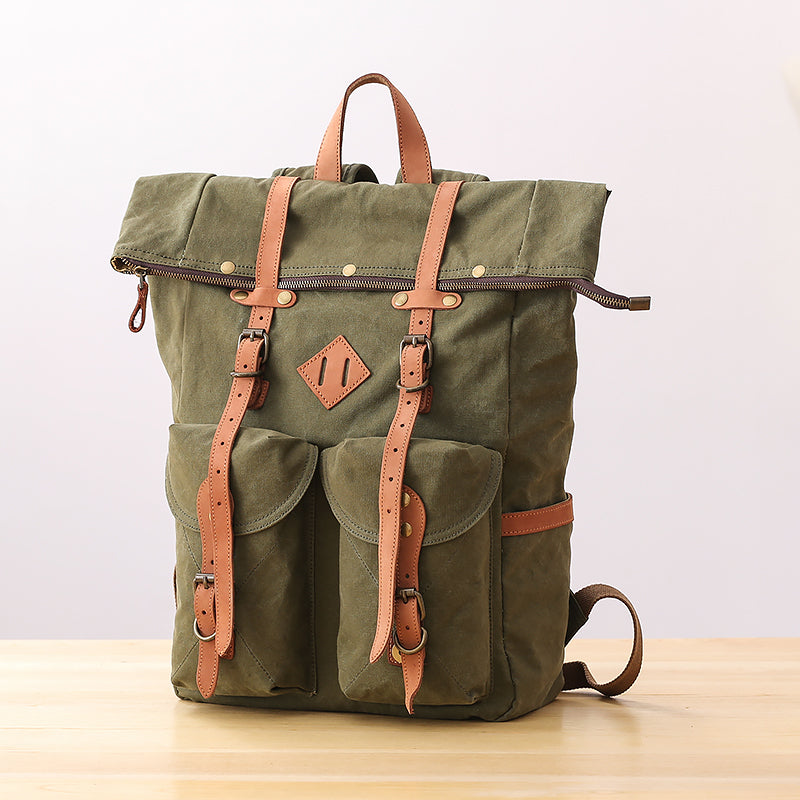 Waxed Canvas Leather Mens Dark Gray Waterproof 15‘’ Large Backpack Travel Backpack Green Hiking Backpack for Men - iwalletsmen