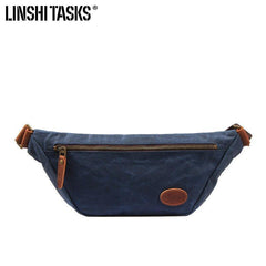 Blue Waxed Canvas Leather Fanny Pack Men's Chest Bag Sling Hip Bag Waist Bag For Men - iwalletsmen