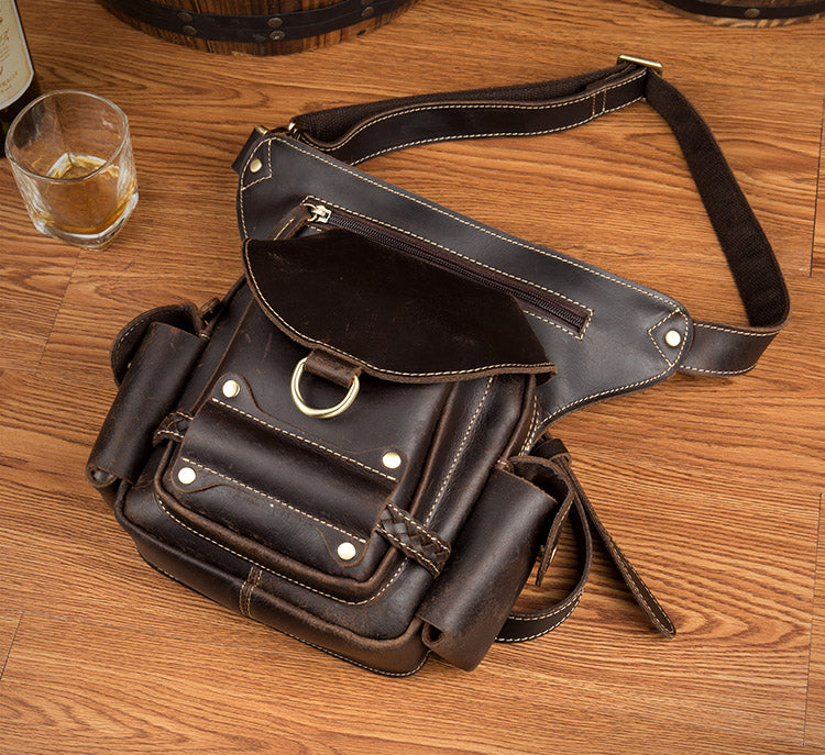 Cool Brown Leather Mens Fanny Pack Khaki Waist Bags Belt Tool Bag Hip Pack Belt Bag Bumbag for Men - iwalletsmen