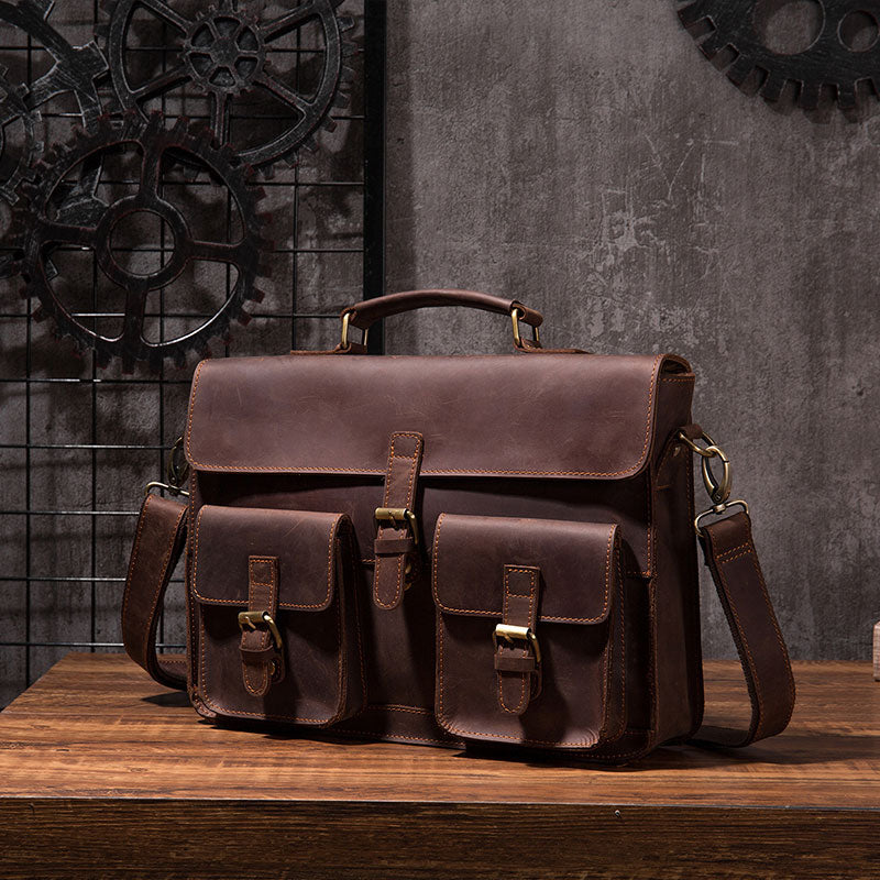 Cool Coffee Leather Mens Briefcase 14inch Laptop Bag Work Handbag Business Bag for Men - iwalletsmen