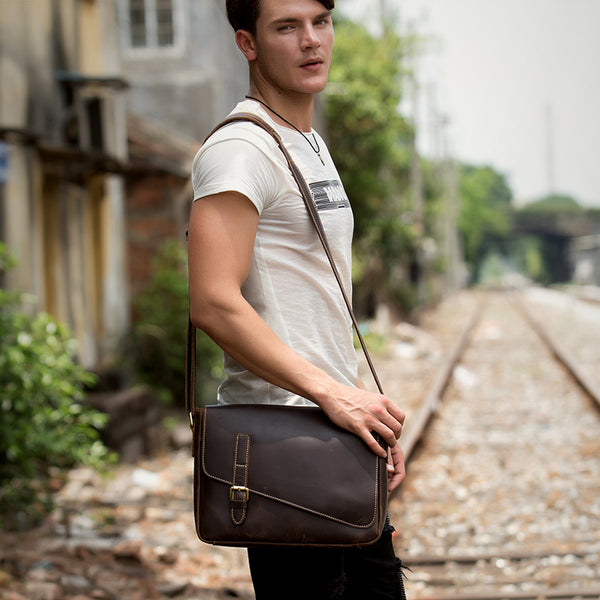 Cool Coffee Leather 13 inches Mens Small Postman Bag Messenger Bag Courier Bag for Men - iwalletsmen