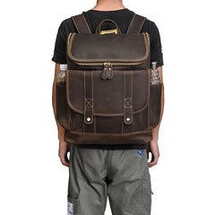 Cool Brown Mens Leather 15 inches Large School Computer Backpack Dark Brown Laptop Travel Backpack for Men - iwalletsmen