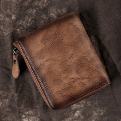 Brown Vintage Bifold Wallet Leather Mens billfold Small Wallet Zipper Small Wallet For Men - iwalletsmen