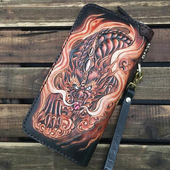 Black Handmade Tooled Brave troops Leather Long Biker Wallet Chain Wallet Clutch Wallet For Men - iwalletsmen