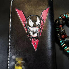 Badass Black Leather Men's Venom Long Biker Wallet Handmade Tooled Zipper Long Wallets For Men - iwalletsmen