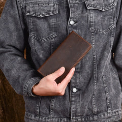 Brown Leather Men's Long Wallet Bifold Brown Slim Front Pocket Wallet For Men