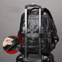 Black Leather Mens Backpack 15'' Laptop Rucksack Wrinkle School Backpack For Men