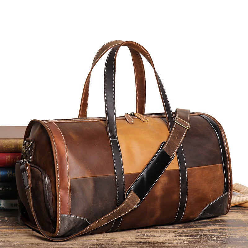 Leather Mens Travel Bag Color Blocks Weekender Bag Barrel Duffle