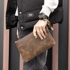 Brown Leather Mens Slim Clutch Wallet Wristlet Wallet Brown Zipper Wristlet Clutch for Men